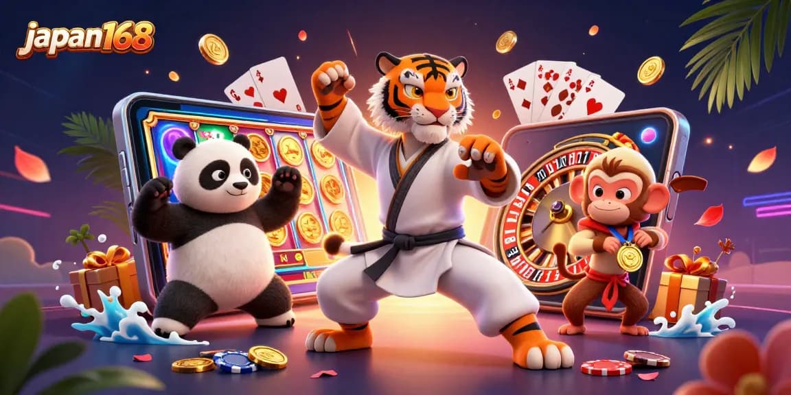 Experience exciting wins with japan168, showcasing a fun 3D casino scene featuring vibrant game elements.