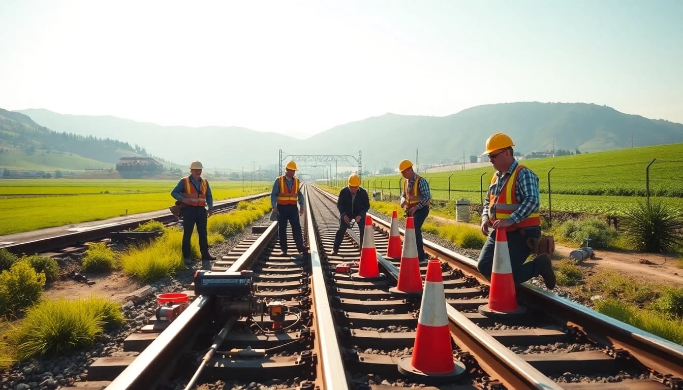 Railroad Maintenance crew inspecting tracks with tools in a vibrant landscape.