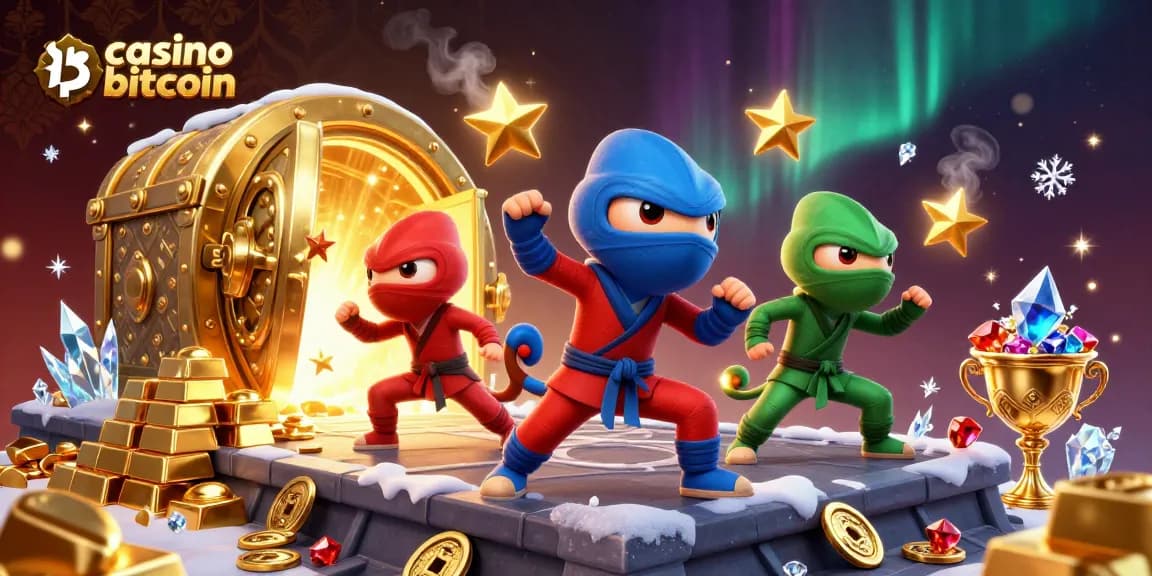 Gioca al casino bitcoin con un'affascinante scena 3D di ninja camaleonti in azione.