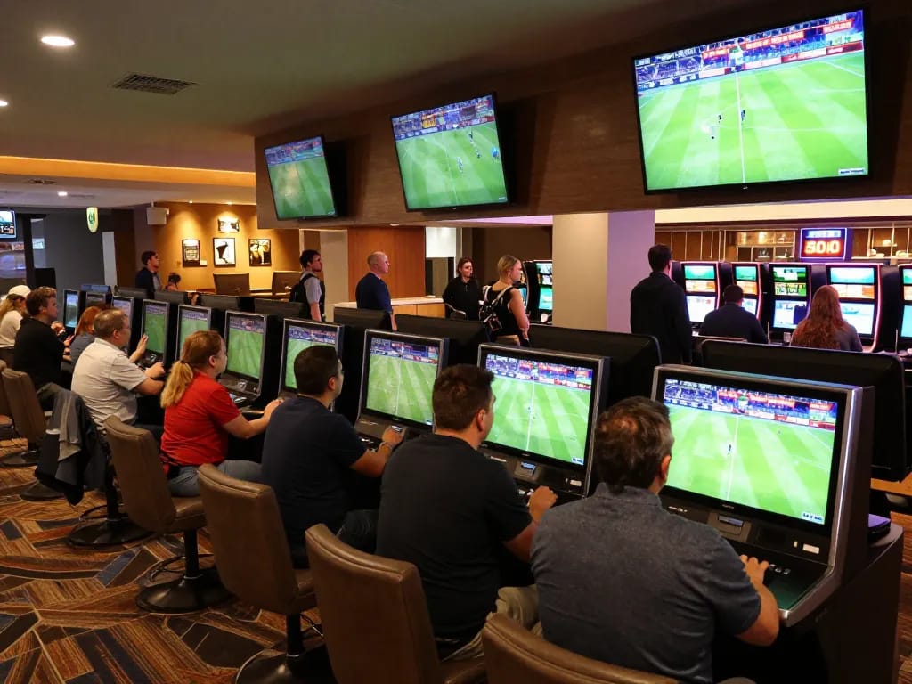 Engaging scene showcasing bettors using digital kiosks for trang cá cược bóng đá in a modern casino environment