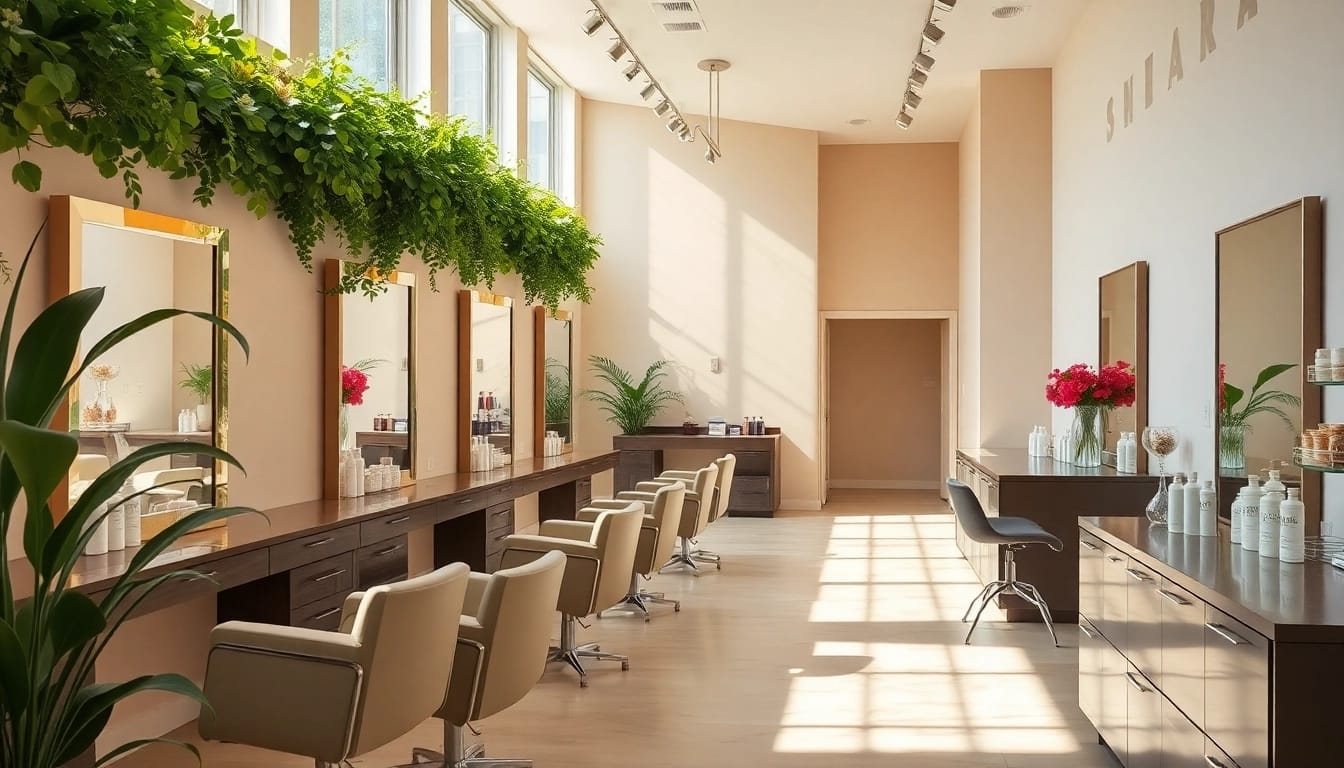 Aveda salon San Diego interior with elegant hair stations and calming atmosphere.