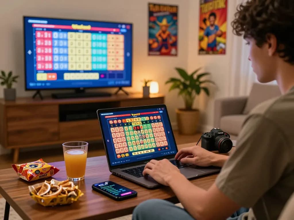 Engaging scene of a player enjoying Toto Togel online lottery from home, highlighting a cozy gaming atmosphere.