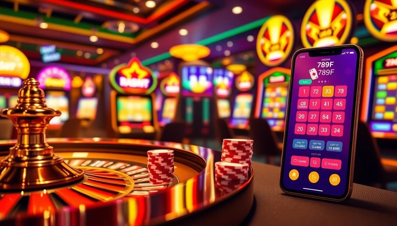 Engaging scene of online gambling with poker chips and 789F app interface.