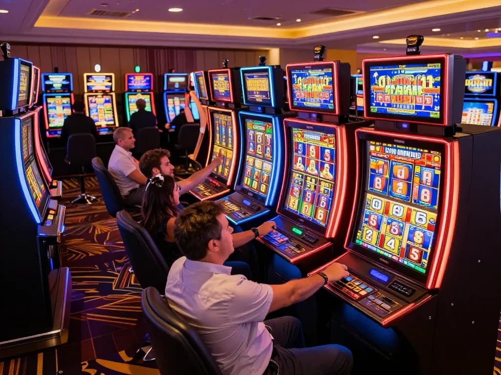 Players celebrate big wins at colorful slot machines, highlighting the giường bệnh nhân theme with vibrant energy.