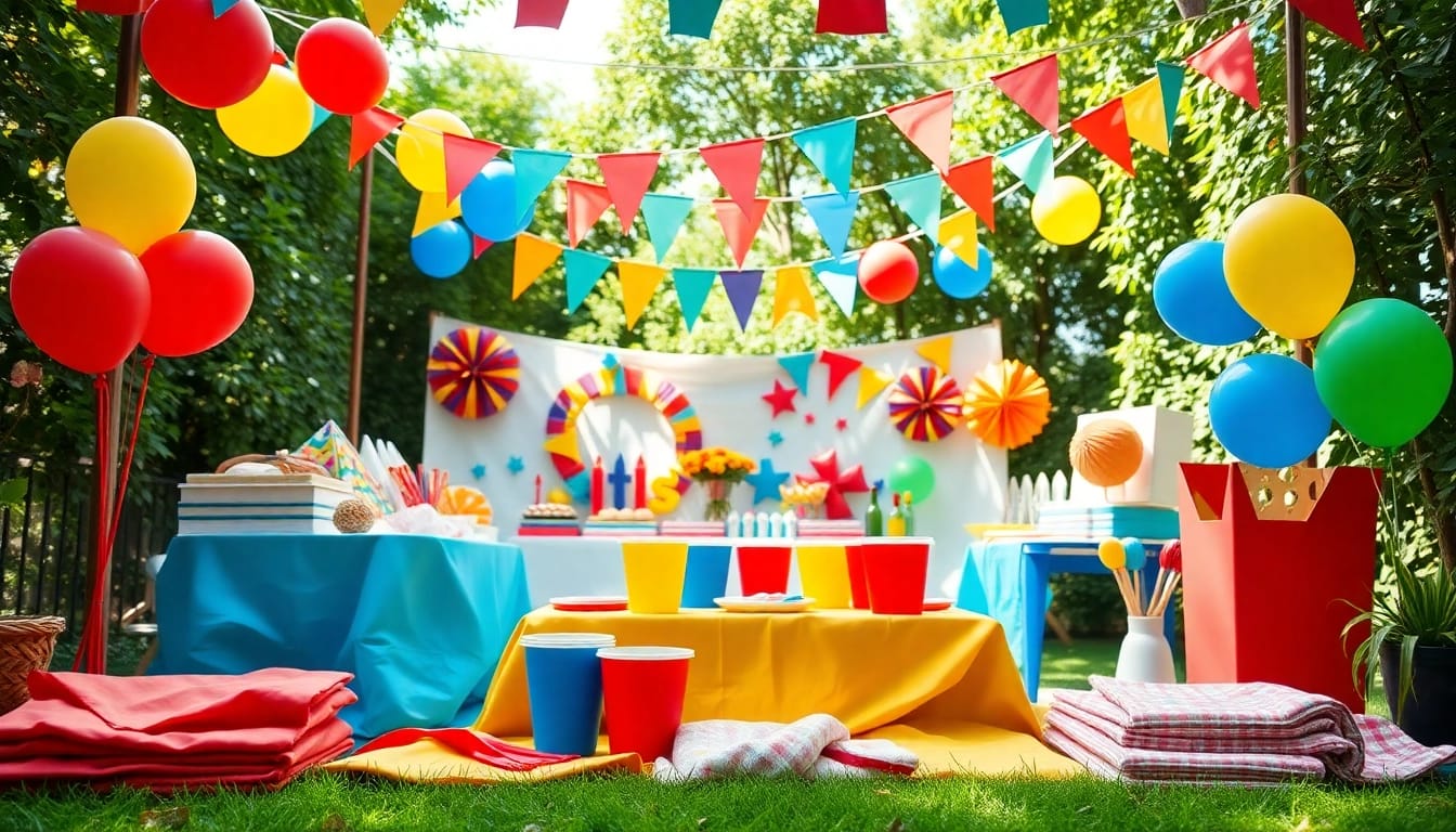 Discover vibrant party supplies and decorations for Party Rentals Near Me in an outdoor festive setting.