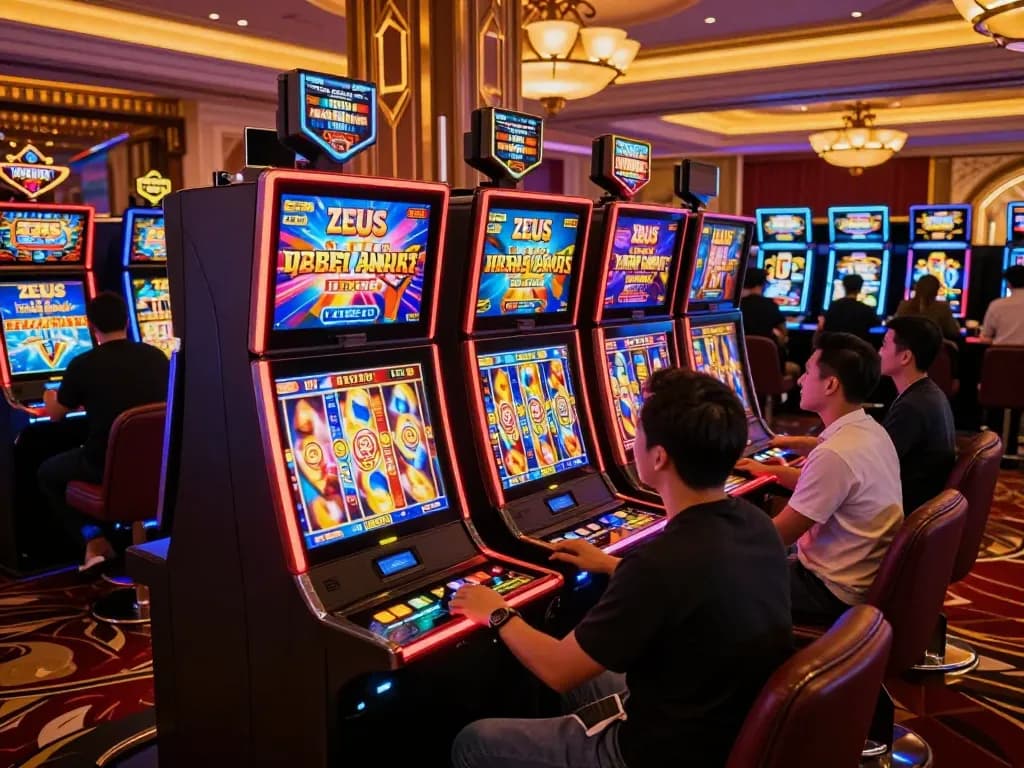 Pemain menikmati kegembiraan mesin slot zeus di lingkungan kasino yang mewah.