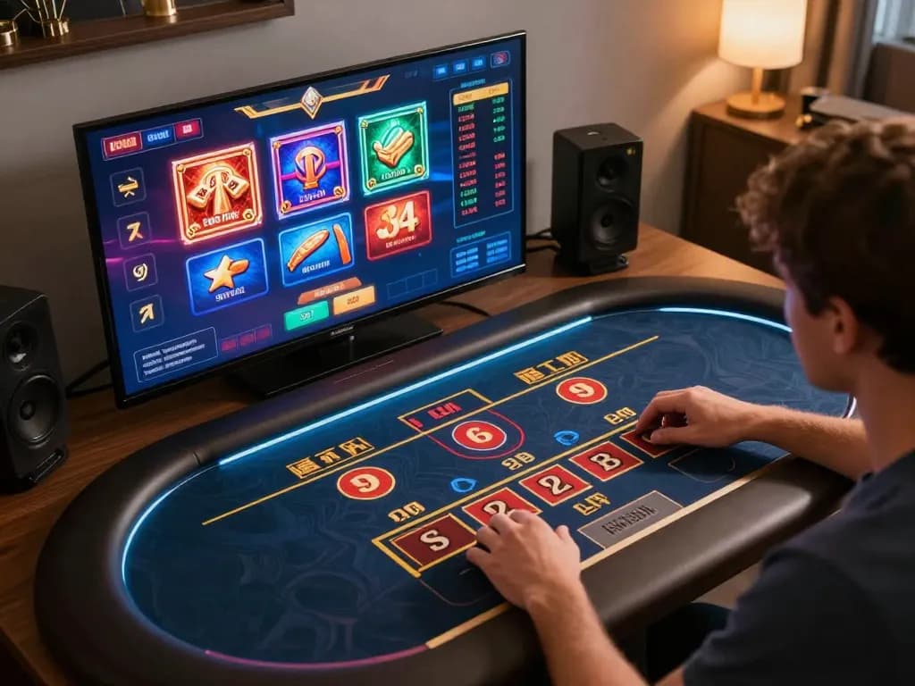 Engaging online casinos Canada scene featuring a player strategizing bets on a tablet while enjoying vibrant gameplay