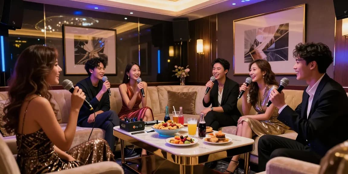 강남가라오케의 프라이빗한 분위기 속에서 친구들과 즐기는 고급스러운 노래파티 모습