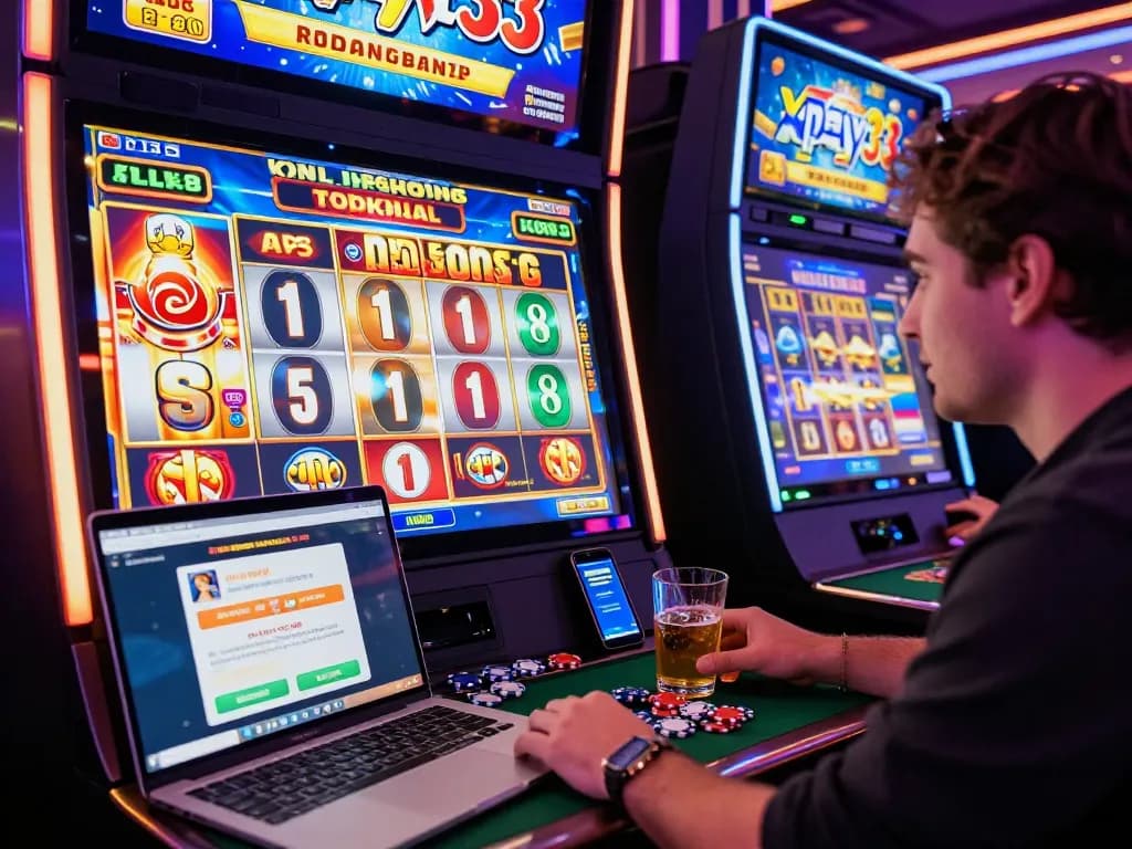 Xpay33 bonuses highlighted in an engaging online gaming scene featuring a player at a colorful virtual casino.