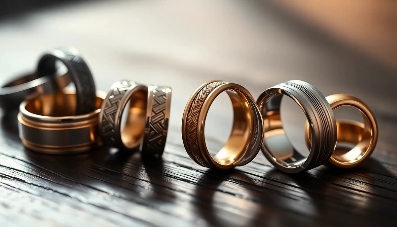 Showcase of unique mens wedding rings featuring diverse styles and materials on a dark wooden background.