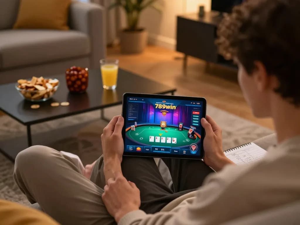 Player enjoying the 789win com app on a tablet, creating a cozy online gaming atmosphere.