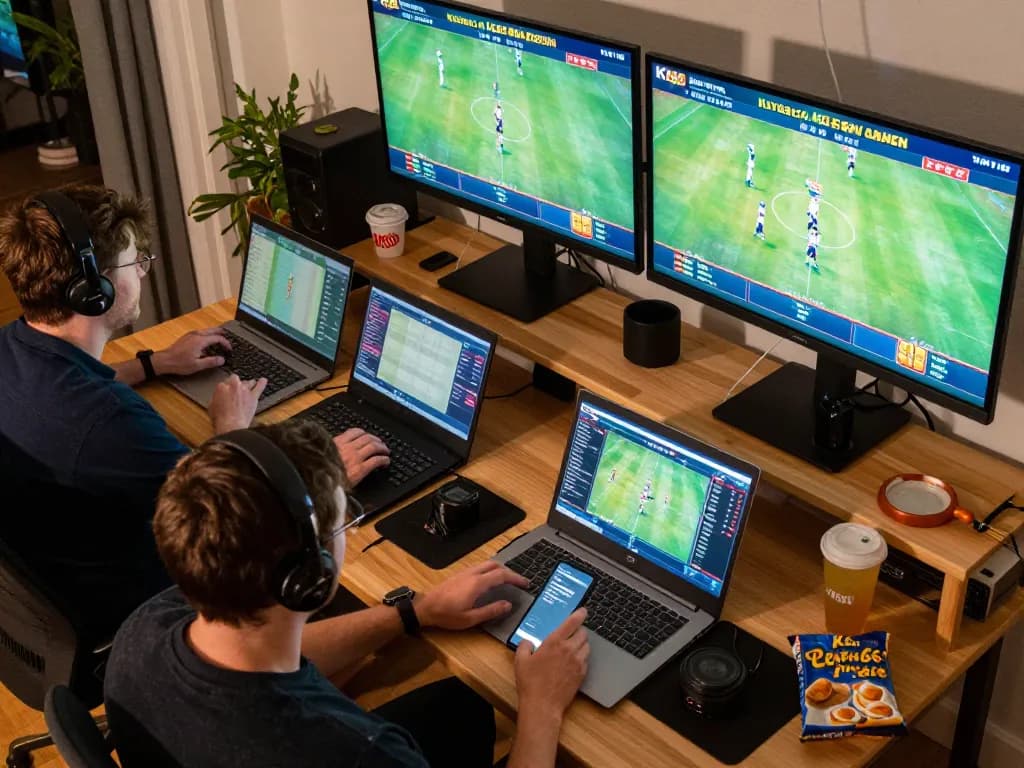 Players engaging in bets on KP88 platform with live sports interface in a vibrant home setting.