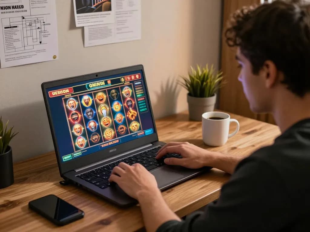 Engaging in online gaming on king garuda138, showcasing thrilling slot gameplay on a laptop