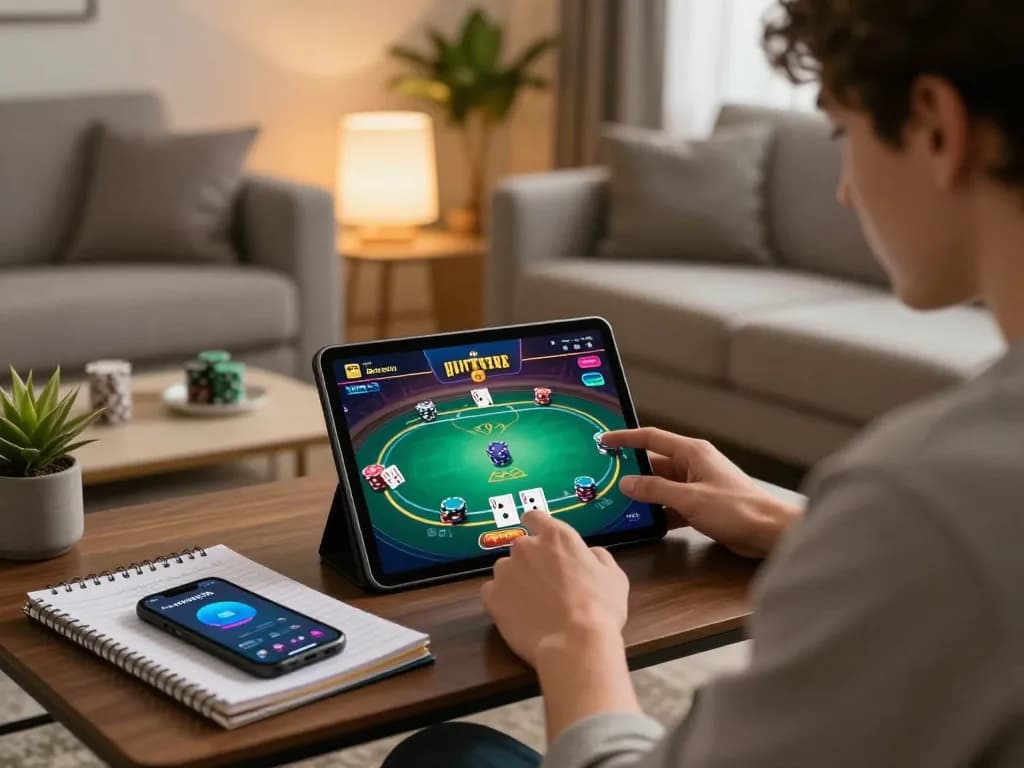 Player enjoying online gambling on hytw3339a app, relaxing in a modern home setting.
