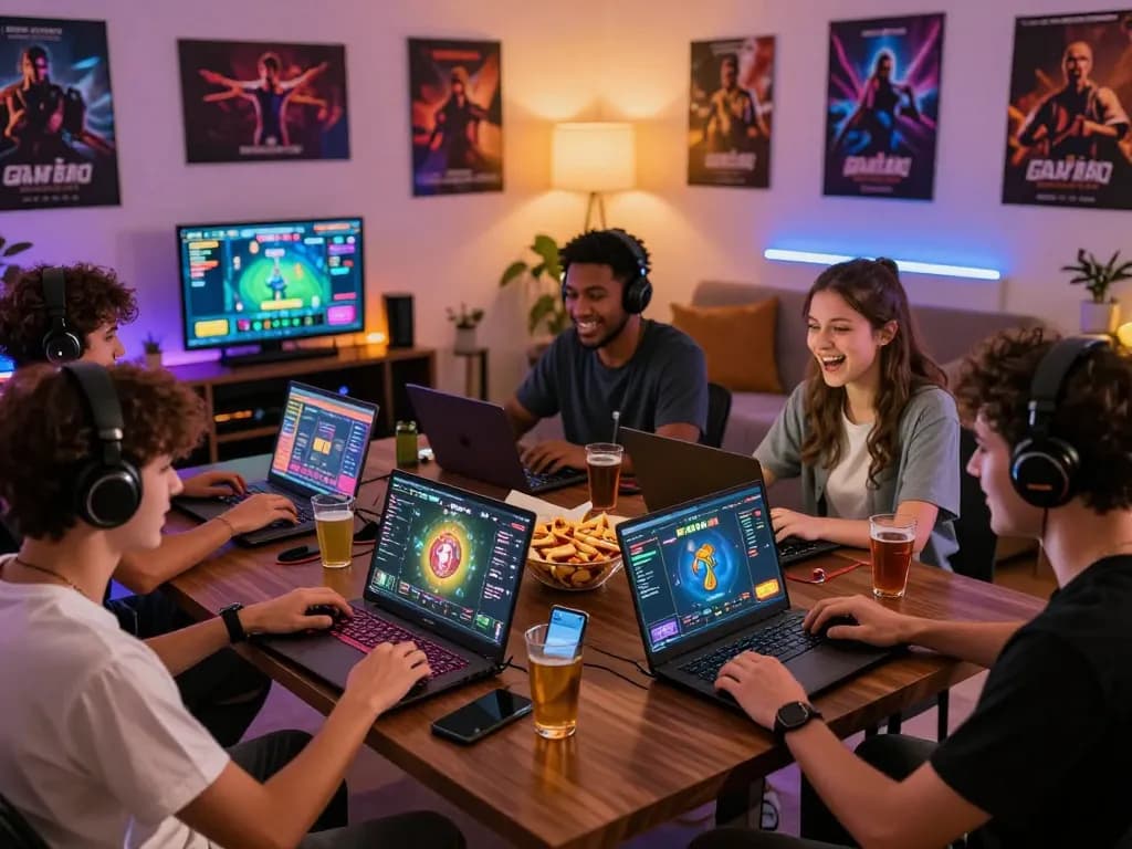 Engaged group playing GAME BÀI hubet88 online, colorful screens, vibrant atmosphere with snacks.