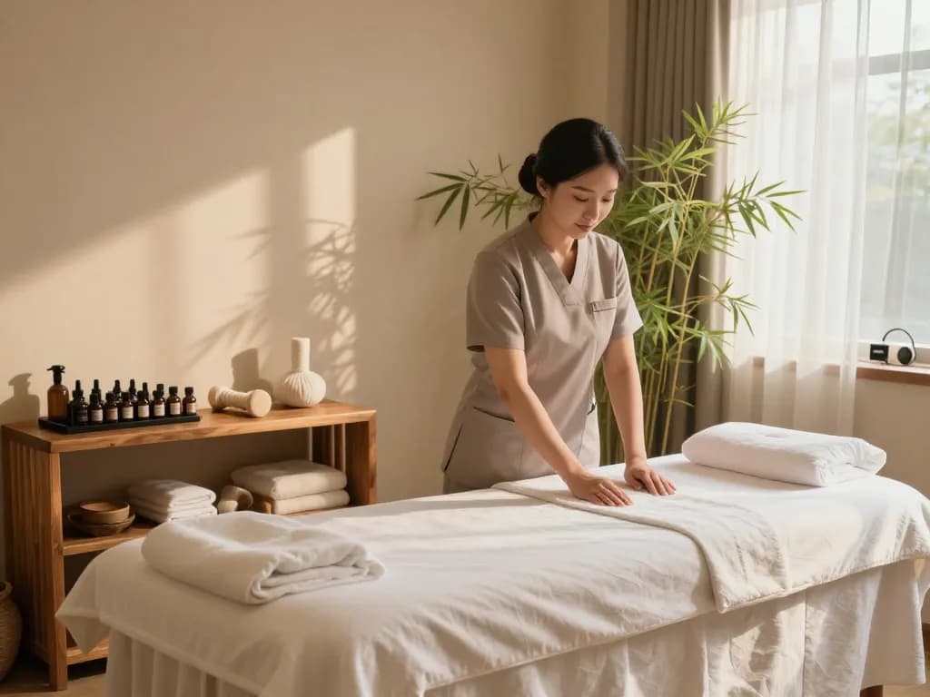 Relaxing 신사동마사지 spa interior with soothing ambiance and inviting therapist.