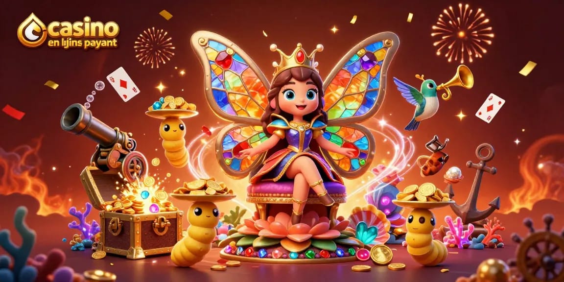 Visant le casino en ligne le plus payant, illustration d'une reine papillon anime entourée de trésors et de cartes.