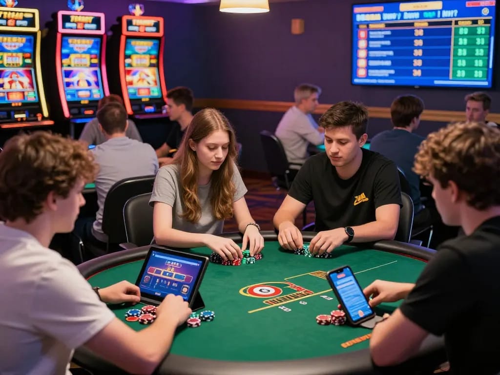 Exciting TG88 online gaming experience with players at poker tables and sports betting screens, showcasing lively interaction and vibrant atmosphere.