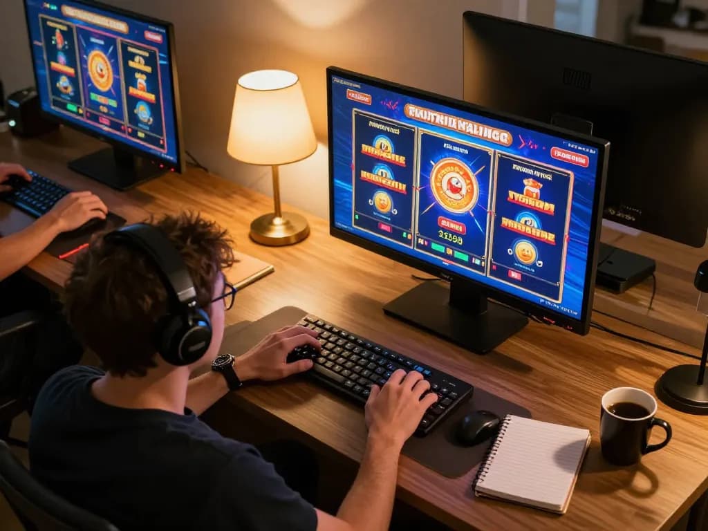 Engaging in online slot bonus new member 100 di awal to kecil with vibrant visuals in a cozy setup.