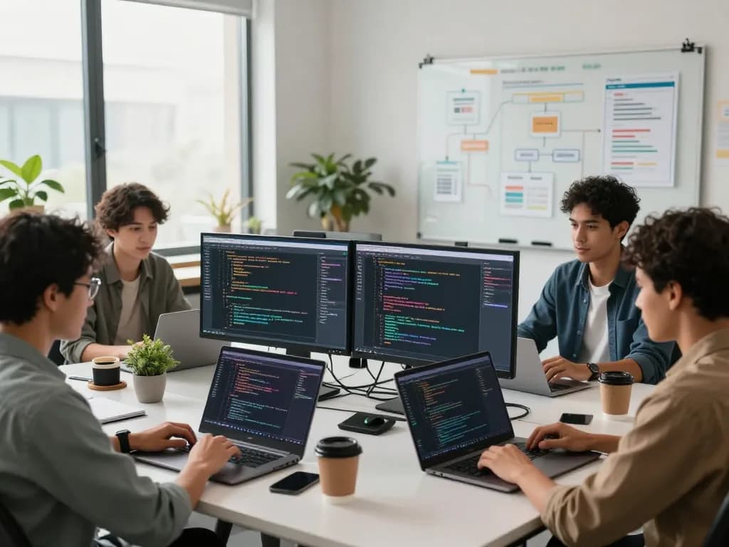 Team of developers actively collaborating on molt bot projects in a modern workspace, surrounded by tech tools and digital displays.