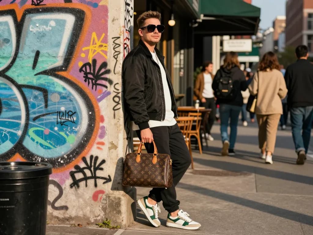 Fashionable individual showcasing a 레플리카 handbag in an urban street style setting, highlighting contemporary fashion trends.