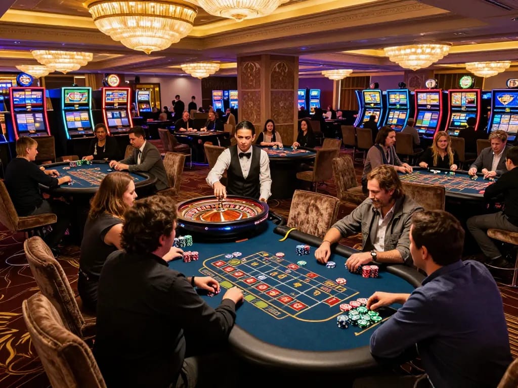 Players engaging in thrilling gameplay at Manclub's roulette tables amidst an exciting casino ambiance