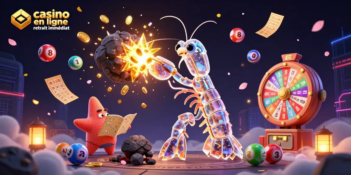 Plongez dans l'univers du casino en ligne retrait immédiat avec des caractères 3D et des éléments de jeu.