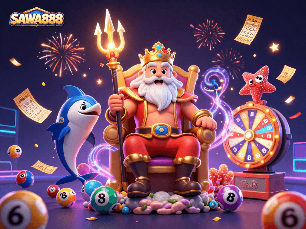 Experience the excitement of SAWA888 with vibrant lottery elements and Neptune in a dynamic casino scene.