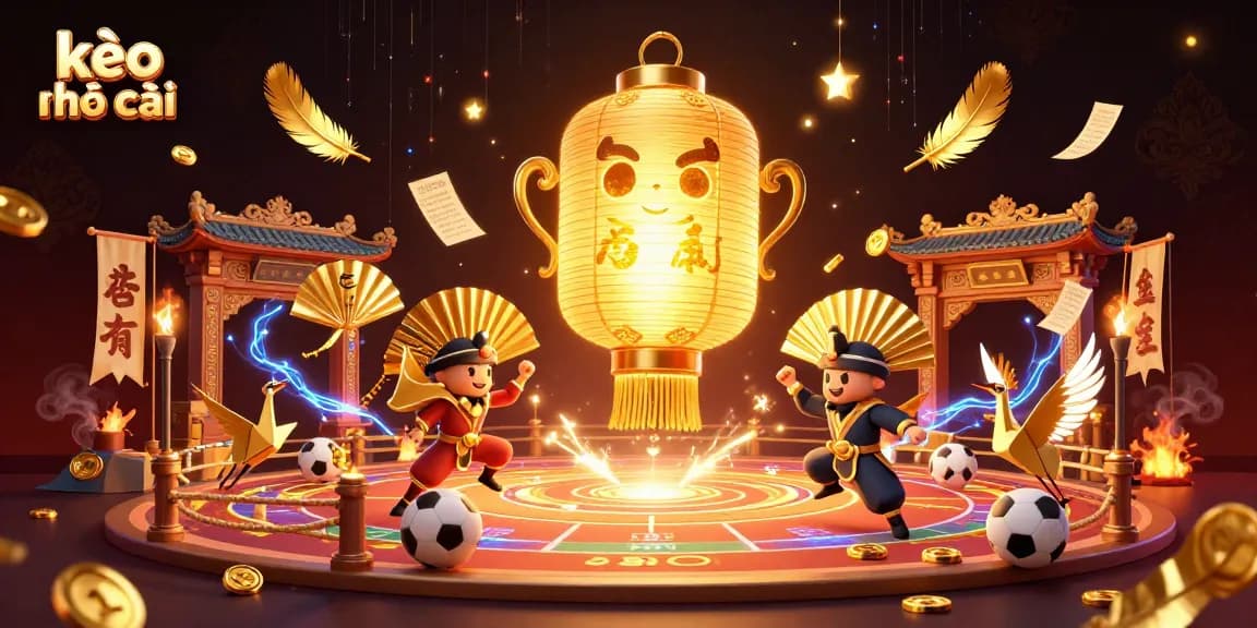 Engage with kèo nhà cái dynamics in this vibrant sports betting scene featuring golden lantern spirits.