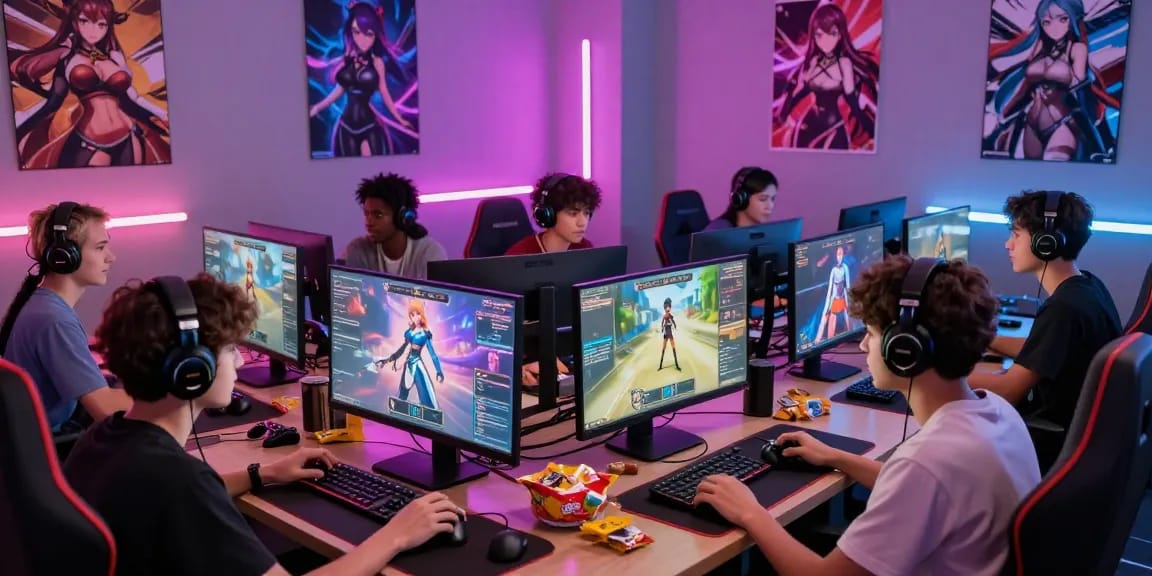 Gamers enjoying a multiplayer hentai game session with vibrant colors and characters.