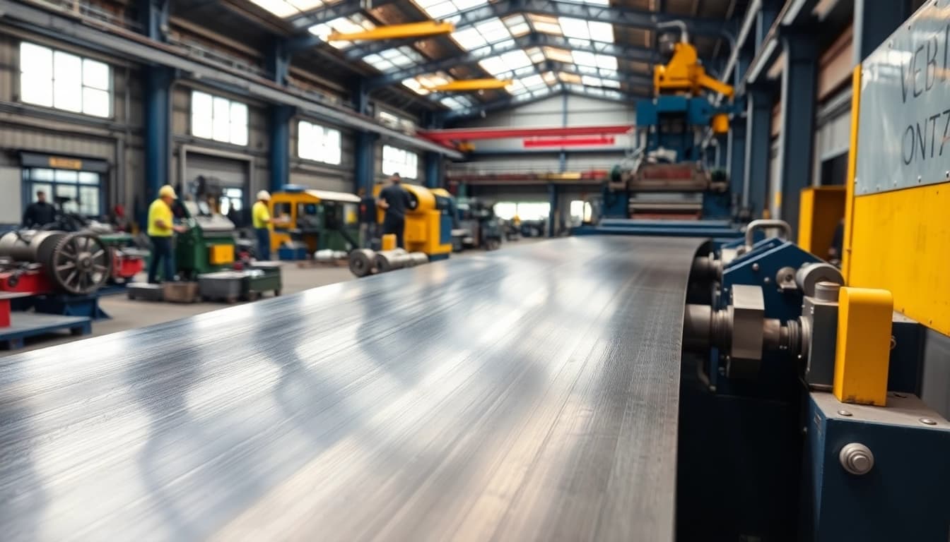 Plate rolling equipment shaping steel into elegant curves in a bright industrial setting.