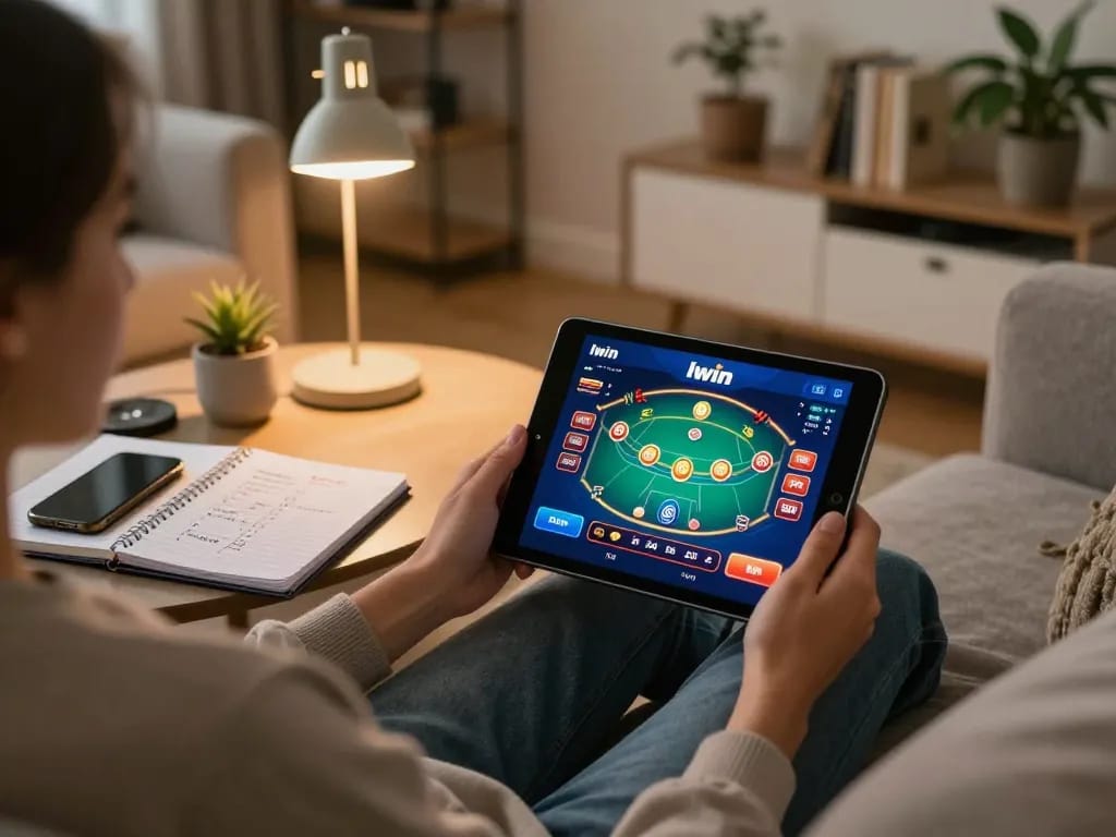 Iwin app animated on a tablet screen during an engaging home gaming session, showcasing vibrant poker gameplay.