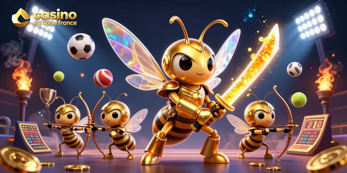 Jouez dans des casinos en ligne en France avec une illustration captivante d'un hornet doré et de ballons de sport.