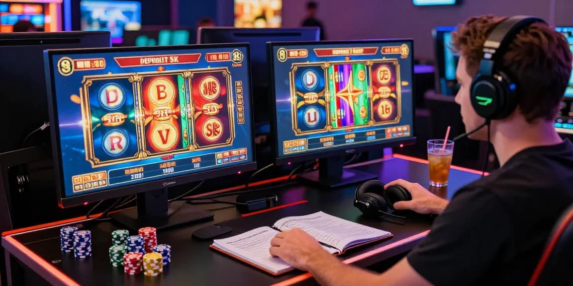 Exciting gaming scene with slot deposit 5k options, colorful reels, and a focused player enjoying vibrant online casino games.