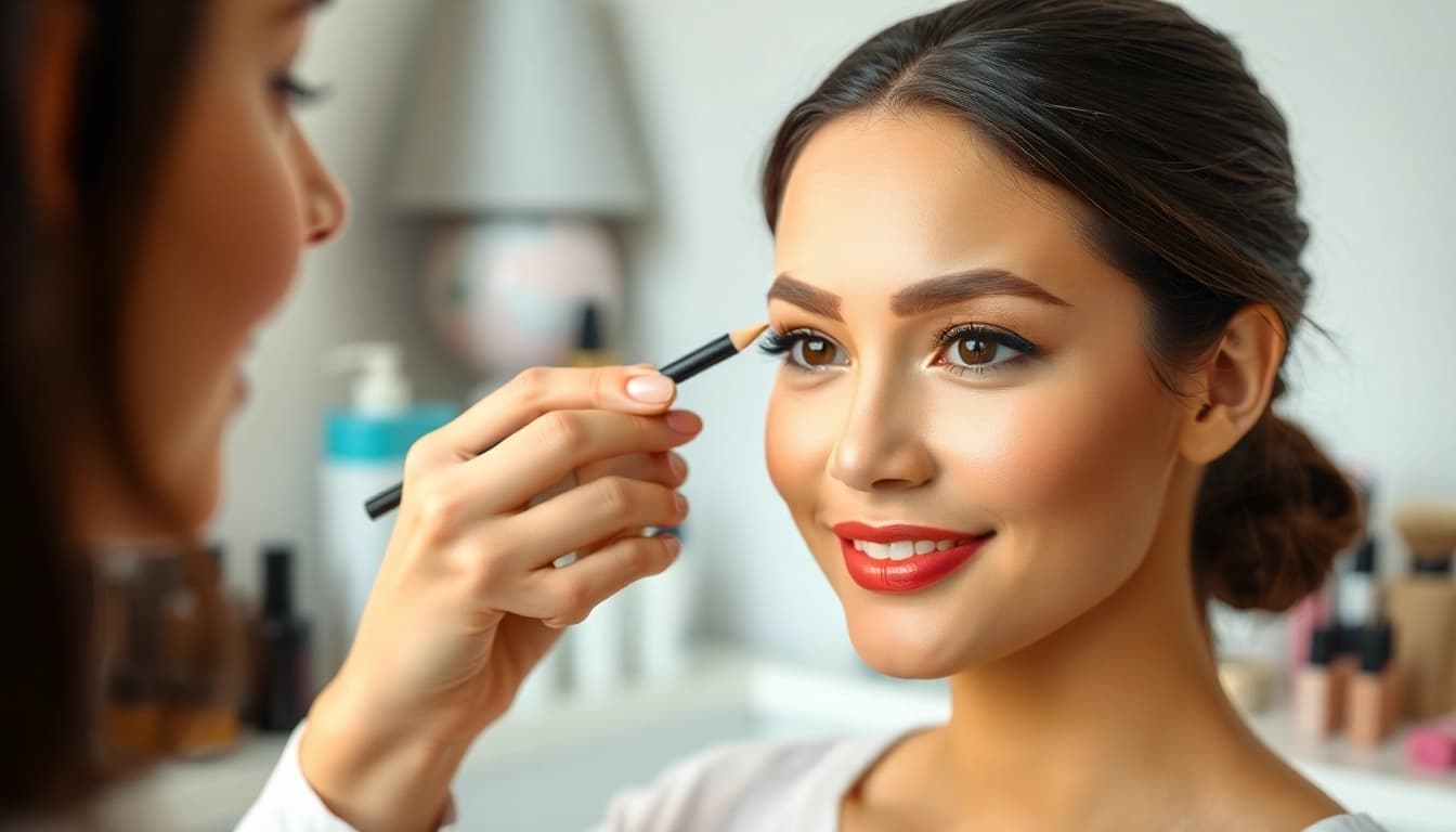 Enhancing pencil eyebrows with perfect strokes by a professional makeup artist.