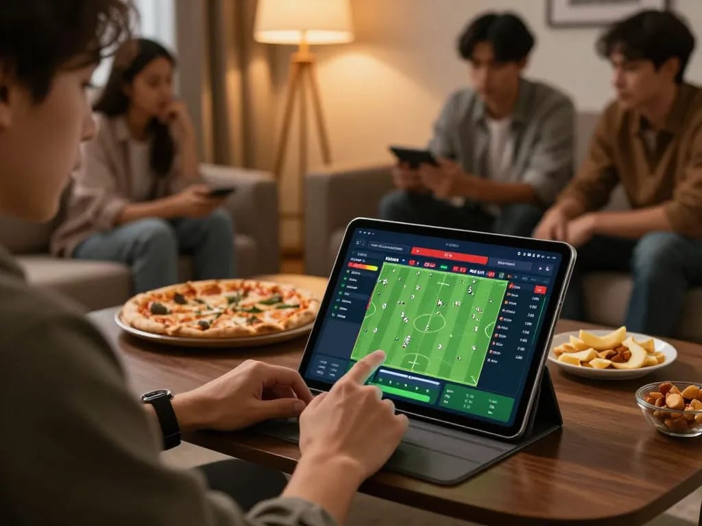 Bongdalu sports betting strategy analysis with friends in a cozy living room