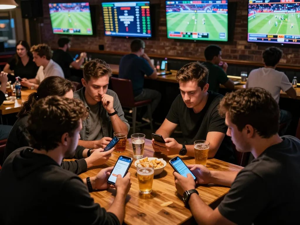 Kèo nhà cái displayed on smartphones while friends cheer during live sports betting in a lively atmosphere.