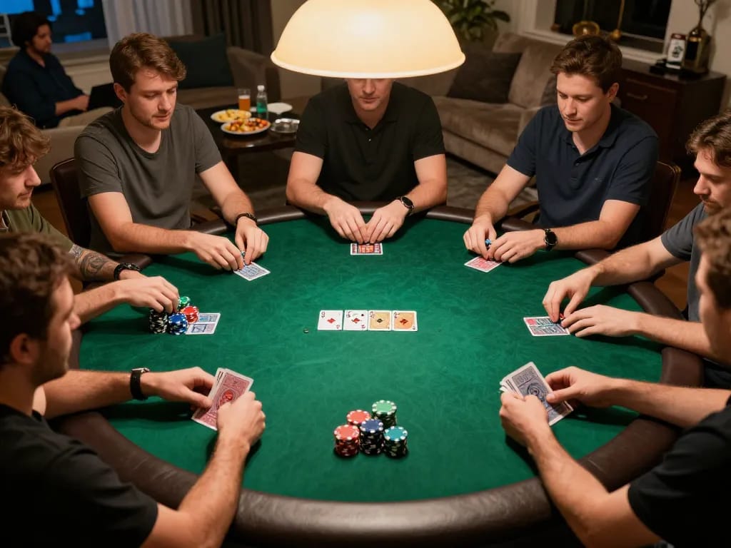 Exciting home poker night with players competing in a VIPWIN game, colorful chips and cards visible on the table