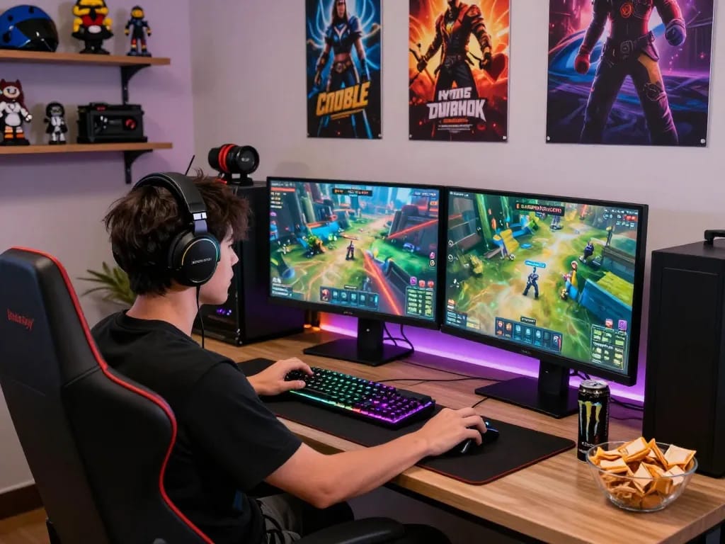 Engaged gamer on a desktop logged into ligasedayu.com with vibrant game graphics.