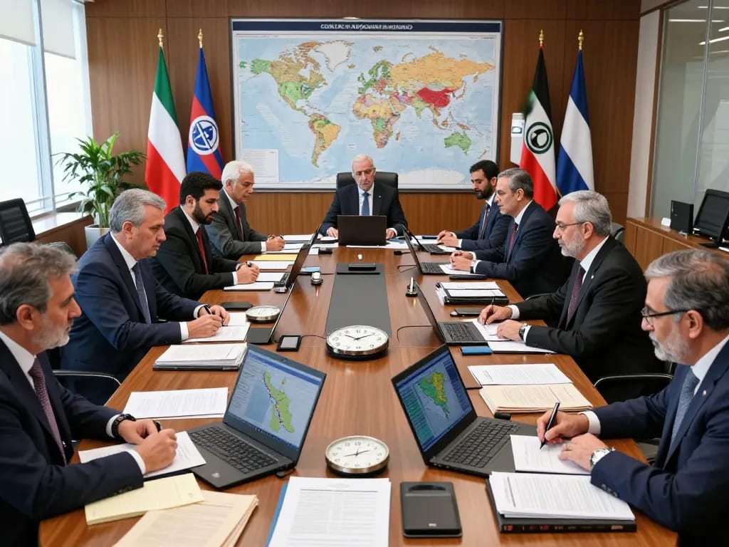 Iran nuclear negotiations with diplomats discussing strategies and maps amidst global security concerns.