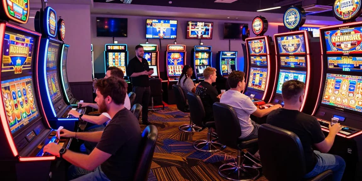 Excited players enjoying slot games in a vibrant online casino gaming lounge with neon lights and interactive atmosphere.