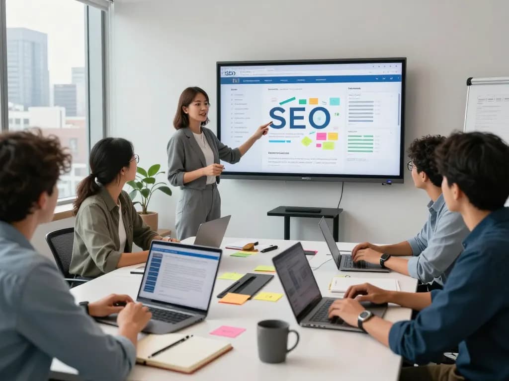 Best SEO Company NYC team meeting in modern office, collaborating on SEO strategies.