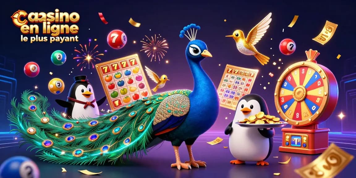 Découvrez le casino en ligne le plus payant avec un pélican portant des jetons dorés et un paon majestueux.