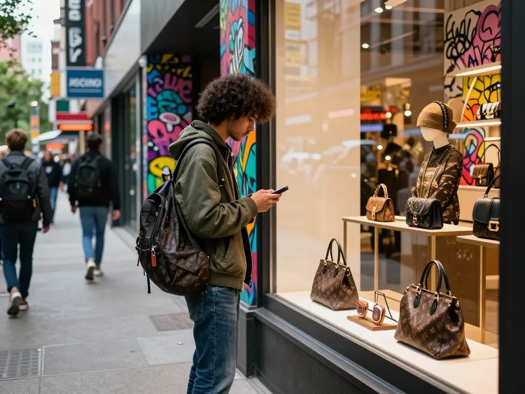Stylish individual exploring trendy 레플리카 fashion in an urban street setting.