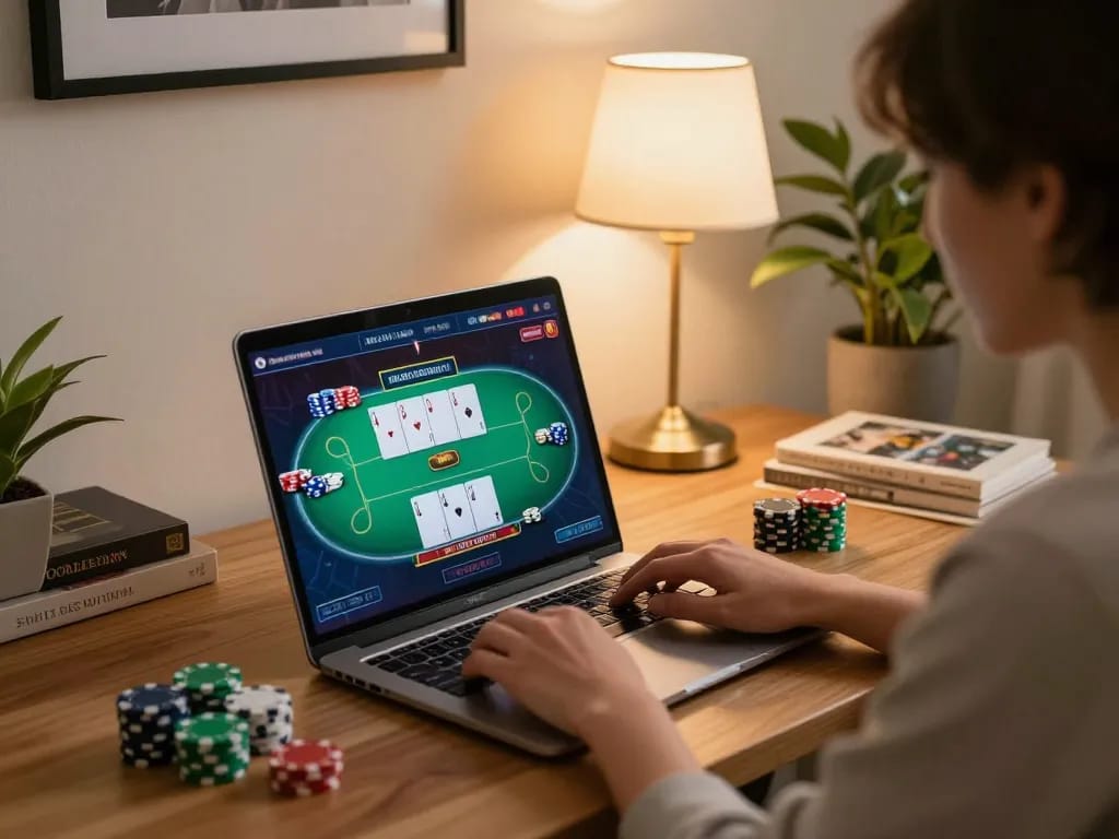 Engaging poker gameplay at home with fb88 displayed on laptop, showcasing strategic betting.