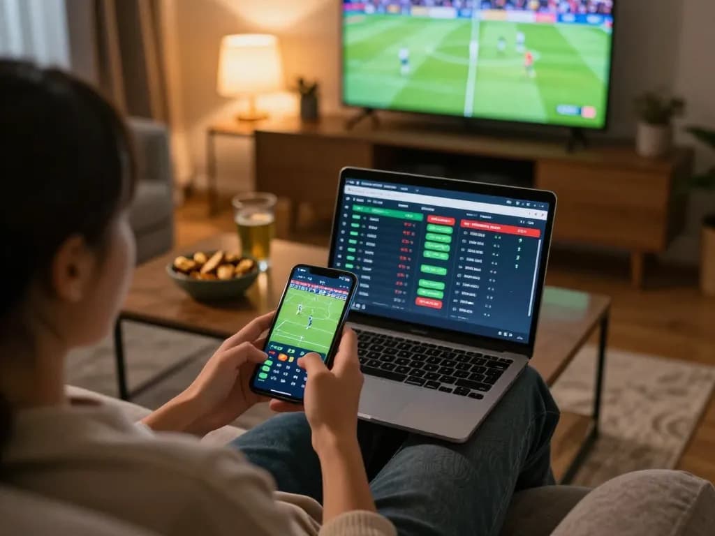 Person using xoi lac app for live betting on football matches, smartphone in hand, relaxed home setting.