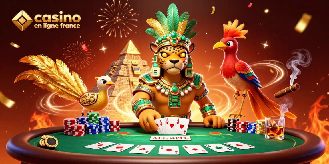 Jouez au casino en ligne France avec le jaguar prêtre et le quetzal dans une scène dynamique de poker.