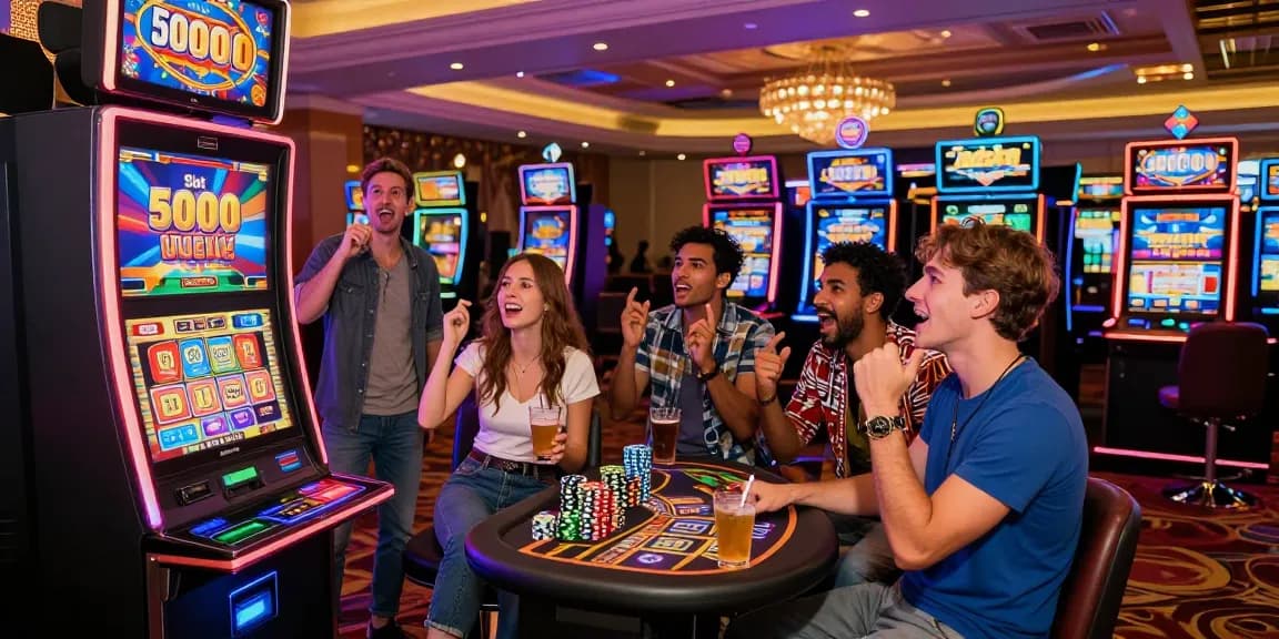 Group enjoying thrill around the 'Slot 5000' machine in a lively casino.