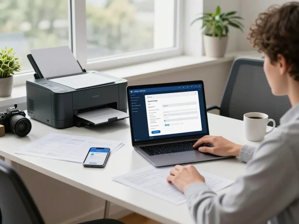 Smart printer app displayed on laptop amidst documents and a printer in a bright office setting