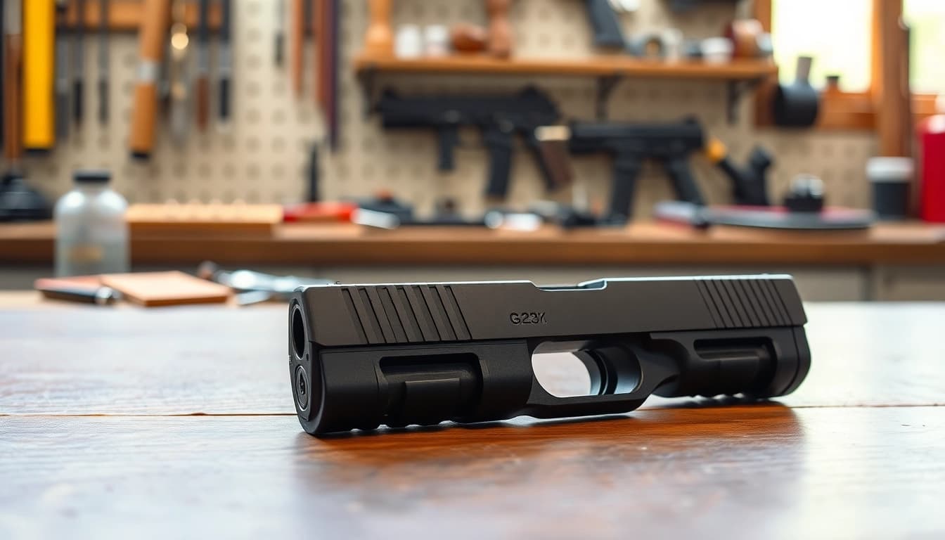 Showcase of glock 17 slide for sale emphasizing sleek design and craftsmanship.